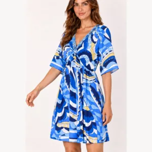 Abito donna corto in viscosa blu fantasia
