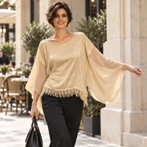 Blusa donna champagne con maniche ampie e frange