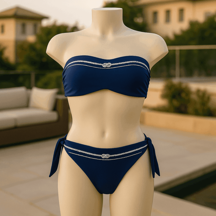 Bikini a fascia blu navy con dettagli corda