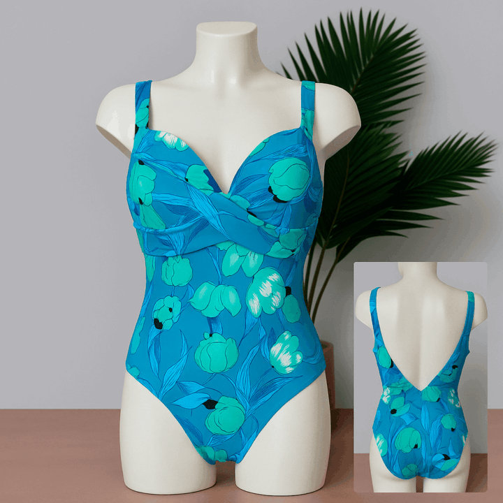 Costume intero modellante con stampa floreale azzurra