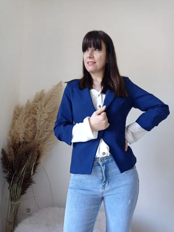Giacca Elegante Blu con Maniche a 3/4 Arricciate S, M, L, XL