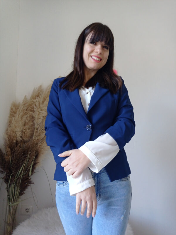 Giacca Elegante Blu con Maniche a 3/4 Arricciate S, M, L, XL