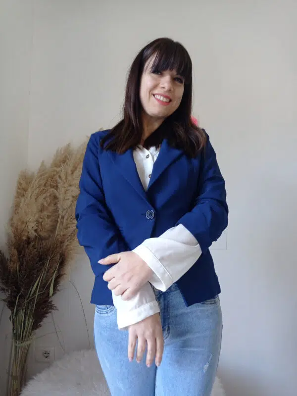 Giacca Elegante Blu con Maniche a 3/4 Arricciate S, M, L, XL