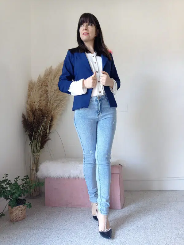 Giacca Elegante Blu con Maniche a 3/4 Arricciate S, M, L, XL