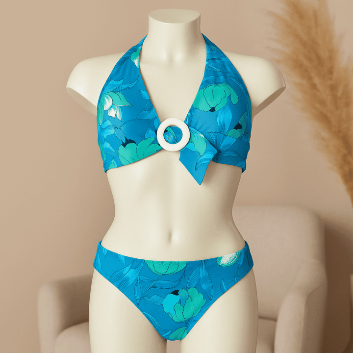 Bikini Acquasale a triangolo con anello decorativo – Fantasia floreale azzurro verde