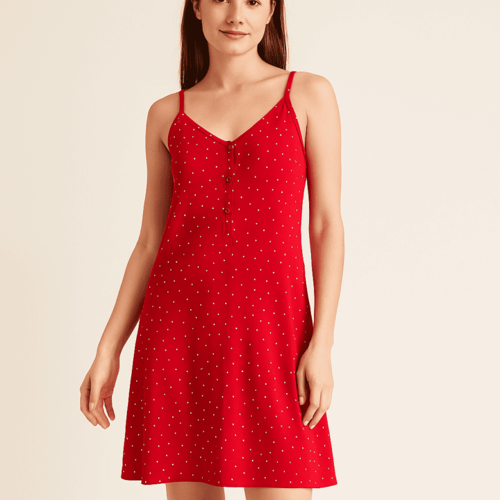 Abito rosso a pois con spalline sottili