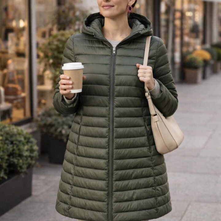 Piumino Donna Lungo Verde Oliva con Cappuccio