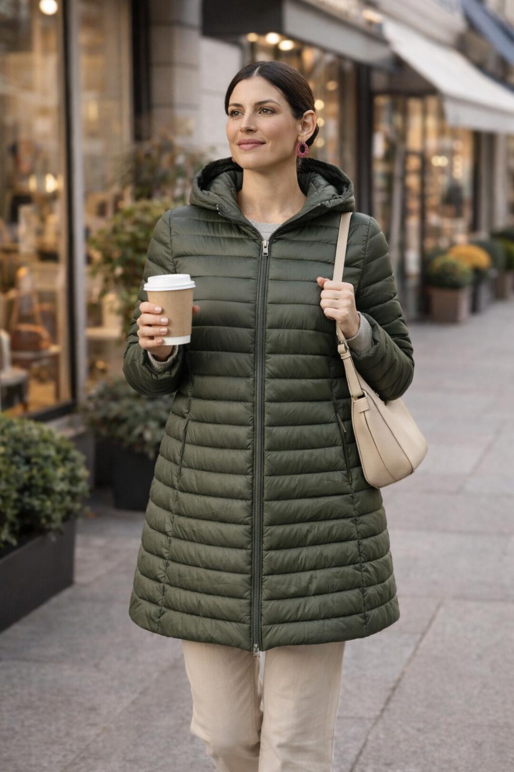 Piumino Donna Lungo Verde Oliva con Cappuccio