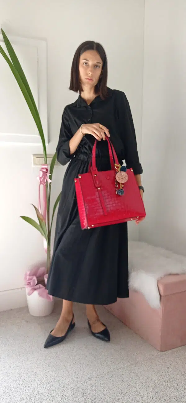 Borsa Elegante in Ecopelle Rossa con Pon Pon, Stile Vintage Classico - Tracolla Amovibile, Multi-scomparto