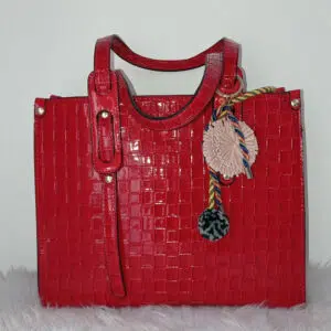Borsa Elegante in Ecopelle Rossa con Pon Pon, Stile Vintage Classico - Tracolla Amovibile, Multi-scomparto