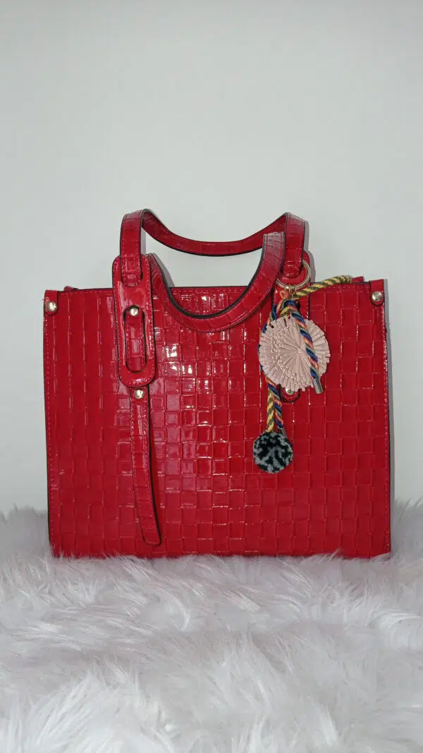 Borsa Elegante in Ecopelle Rossa con Pon Pon, Stile Vintage Classico - Tracolla Amovibile, Multi-scomparto