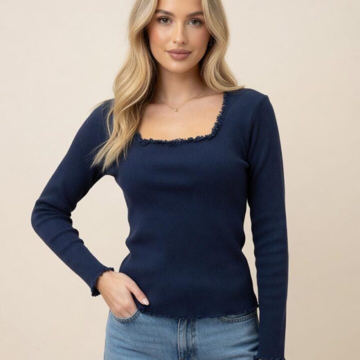 Maglia Donna Blu a Costine con Scollo Rifinito