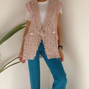 Gilet Lungo Smanicato in Tessuto Chanel Melangiato Rosa - Eleganza Senza Tempo