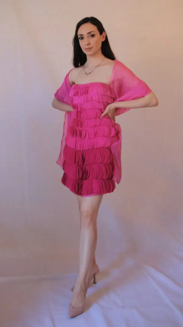 Abito rosa acceso cerimonia con stola Art. Piuma
