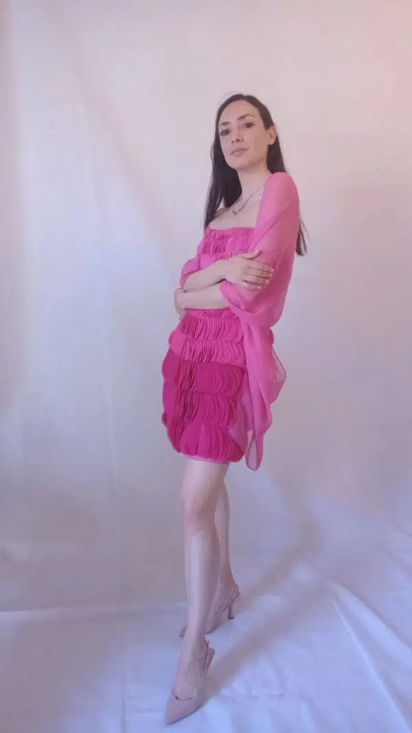 Abito rosa acceso cerimonia con stola Art. Piuma