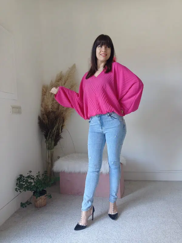 Blusa Plissettata Fucsia e Verde Prato con Maniche a Kimono - S/XL - Versatile e Confortevole