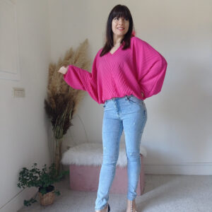 Blusa Plissettata Fucsia e Verde Prato con Maniche a Kimono - S/XL - Versatile e Confortevole