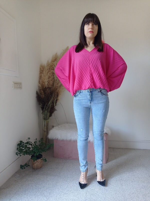 Blusa Plissettata Fucsia e Verde Prato con Maniche a Kimono - S/XL - Versatile e Confortevole