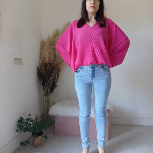 Blusa Plissettata Fucsia e Verde Prato con Maniche a Kimono - S/XL - Versatile e Confortevole