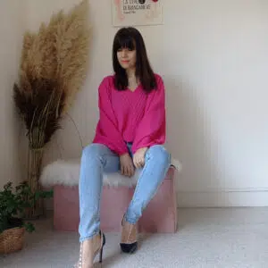 Blusa Plissettata Fucsia e Verde Prato con Maniche a Kimono - S/XL - Versatile e Confortevole