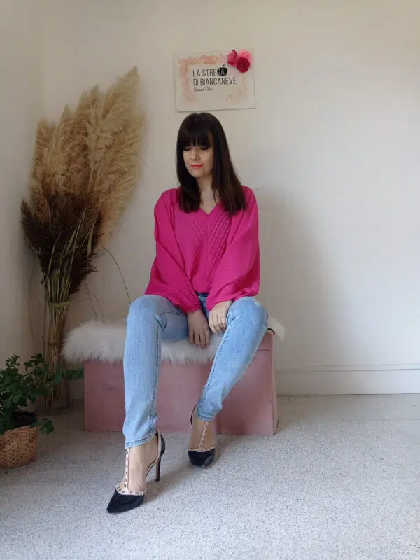 Blusa Plissettata Fucsia e Verde Prato con Maniche a Kimono - S/XL - Versatile e Confortevole