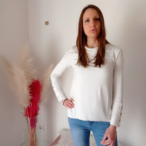Maglia donna primavera/estate in viscosa con collo sciallato e bottoni sui polsini