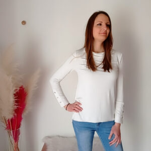 Maglia donna primavera/estate in viscosa con collo sciallato e bottoni sui polsini