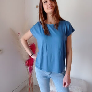 Blusa a mezze maniche in morbida viscosa con collo rifinito in argento - Bianco, Jeans e Amarena