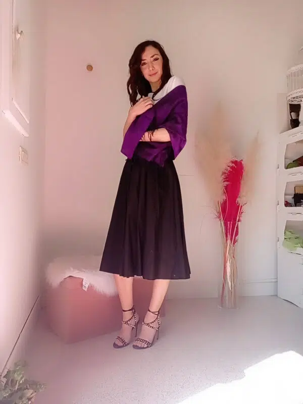 Stola viola con frange elegante in pura seta indiana
