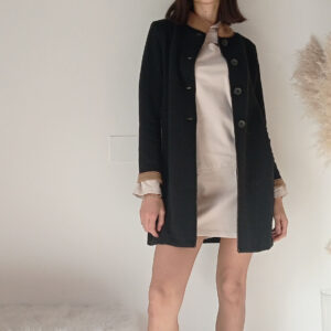 Cappotto di Maglia Nero con Bordo Marrone Chiaro - Caldo e Morbido in Misto Viscosa