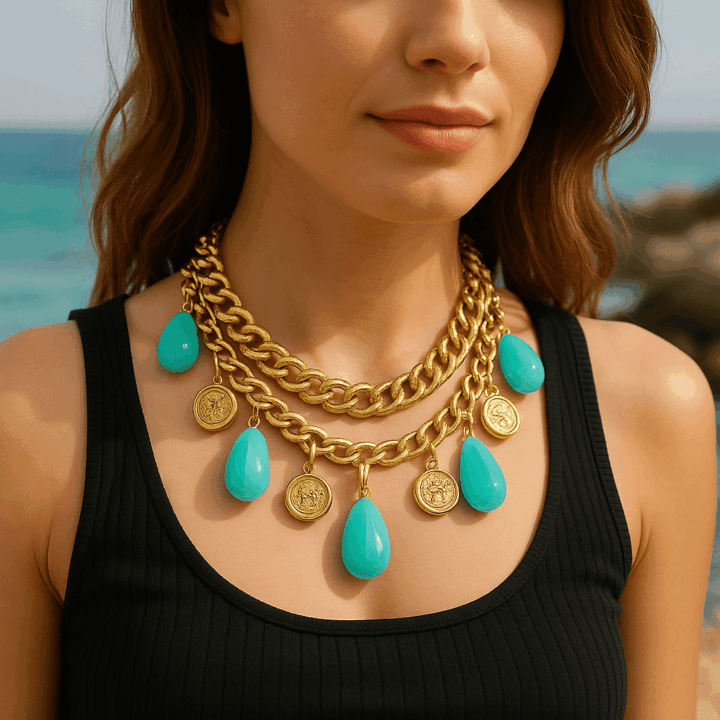 Collana statement dorata con pendenti turchesi e monete vintage
