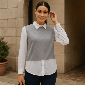 Blusa effetto doppio grigio e bianco con colletto  La Strega di Biancaneve
