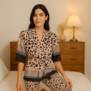 Pigiama donna in viscosa satinata INTENSE – stampa animalier con pizzo, taglie S-XL | Eleganza e comfort per ogni sera