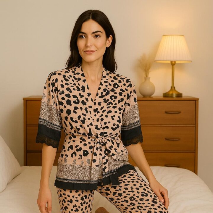 Pigiama donna in viscosa satinata INTENSE – stampa animalier con pizzo, taglie S-XL | Eleganza e comfort per ogni sera