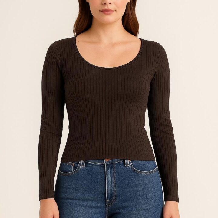 Maglia color cioccolato donna manica lunga coste