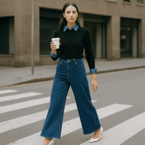 Jeans a Gamba Larga Donna – Vita Alta, Orlo Sfrangiato, Denim Moderno e Comodo