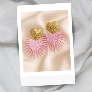 Orecchini Cuore Dorato con Ventaglio Rosa