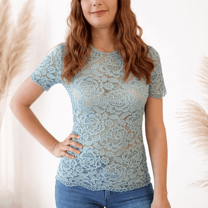 Blusa donna in pizzo verde acqua elegante – maglia in pizzo floreale raffinata e femminile