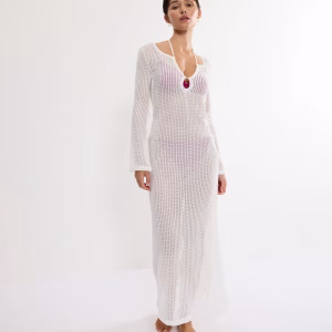 Copricostume Lungo Bianco Crochet con Maniche e Spacco