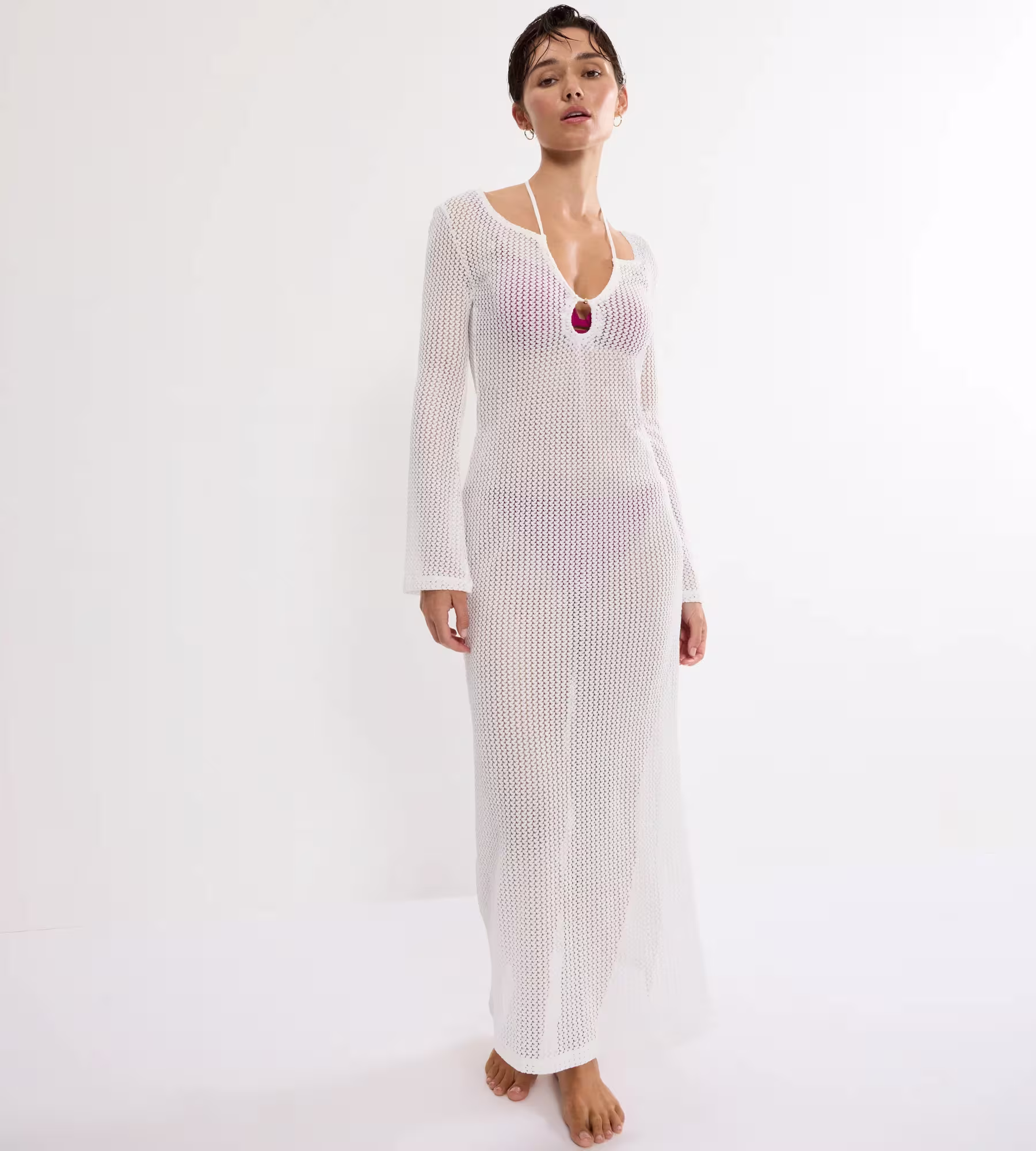 Copricostume Lungo Bianco Crochet con Maniche e Spacco