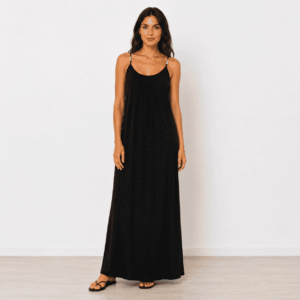Abito Copricostume Lungo Nero Donna con Spalline Gioiello