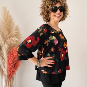 Blusa Donna Fantasia Floreale Nero Multicolor