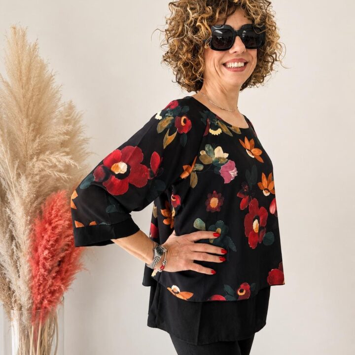 Blusa Donna Fantasia Floreale Nero Multicolor