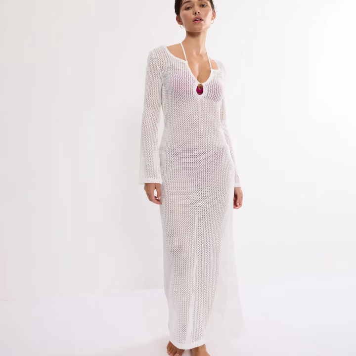 Copricostume Lungo Bianco Crochet con Maniche e Spacco