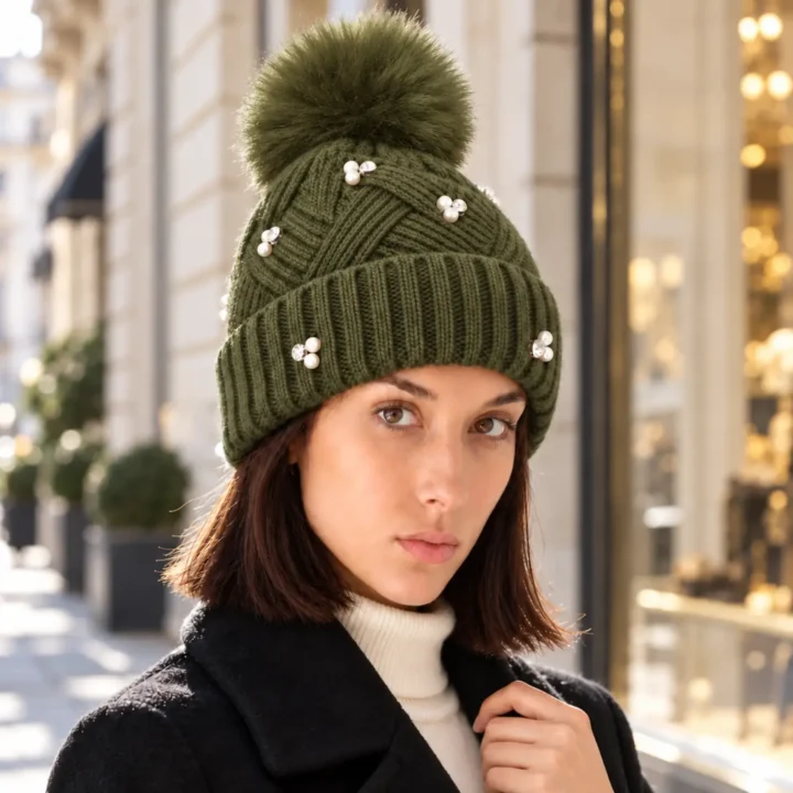 Cappello donna con perle e pompon