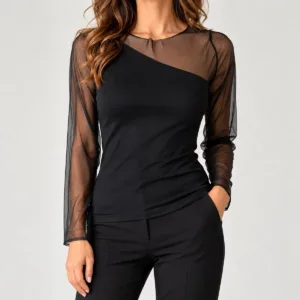 Maglia donna nera con maniche trasparenti | S-XXL
