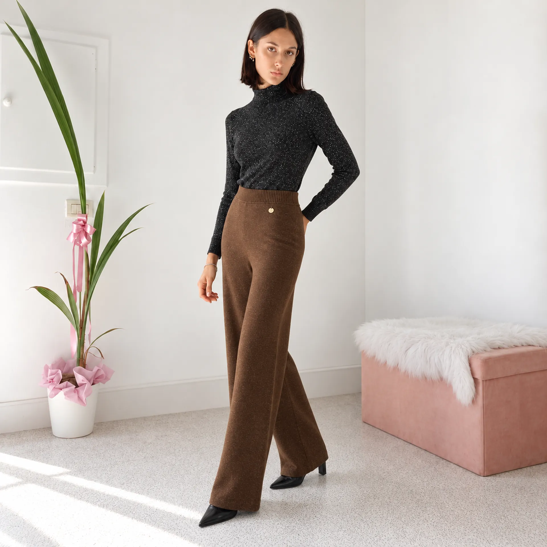 Pantaloni palazzo donna in tessuto caldo a vita alta - immagine 4