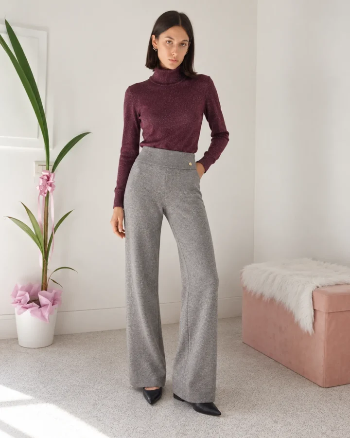 Pantaloni palazzo donna in tessuto caldo a vita alta