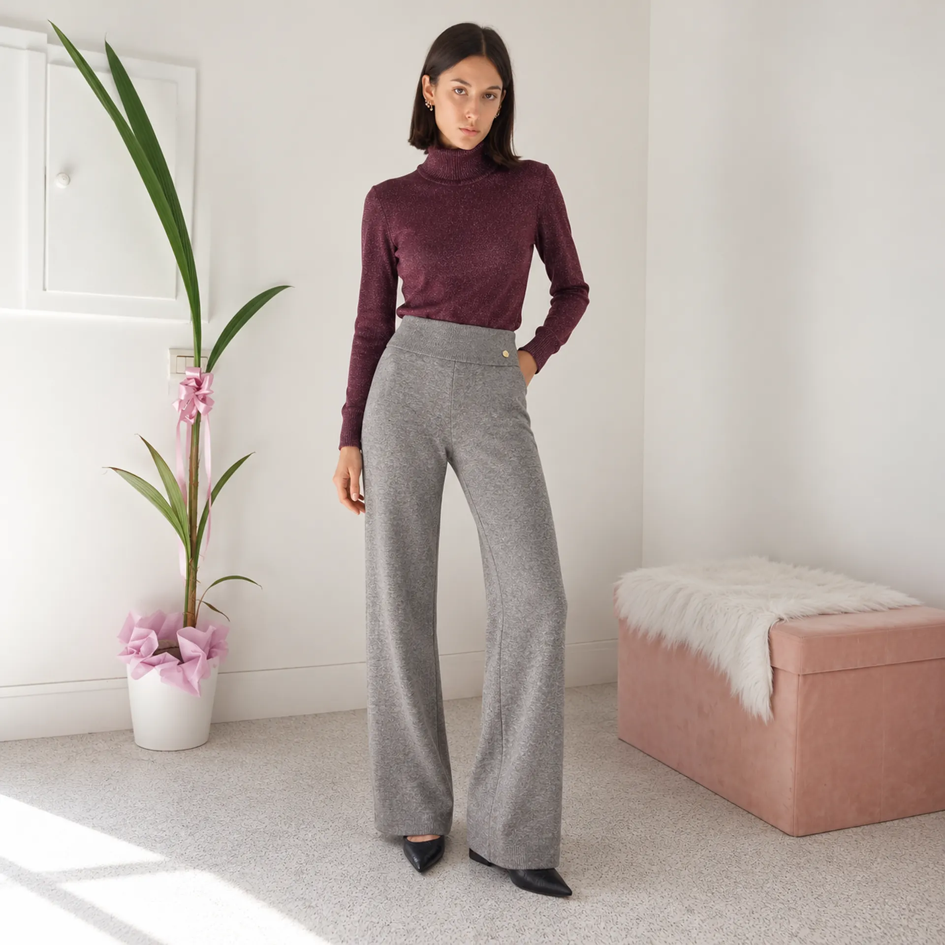 Pantaloni palazzo donna in tessuto caldo a vita alta - immagine 8