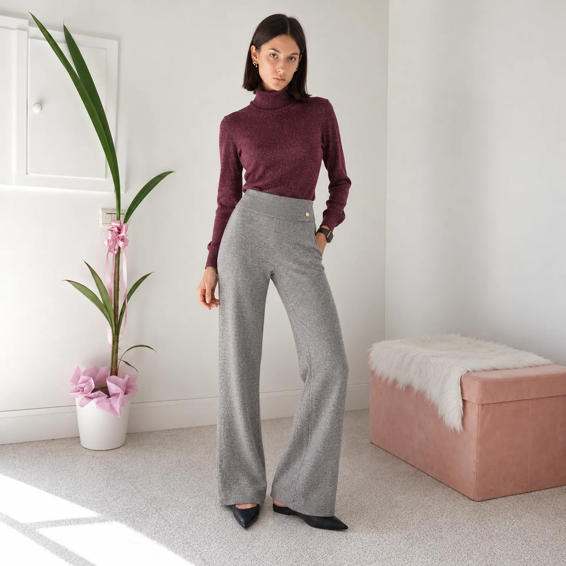 Pantaloni palazzo donna in tessuto caldo a vita alta - immagine 9